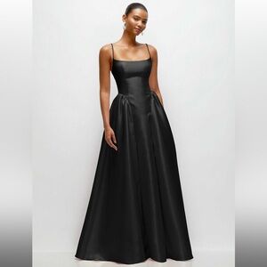 SCOOP NECK DROP BASQUE SKIRT SATIN MAXI DRESS WITH POCKETS IN BLACK